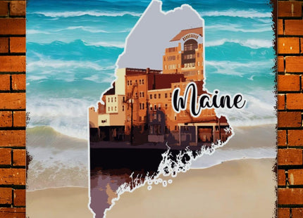Woguangis Metal Signs Maine States Map Scenery America USA State Landscapes Plaque Maine Porch Decor Wall Art Plaque Retro Metal Tin Signs for Kid Room Living Room Garage Front Porch 15x15in