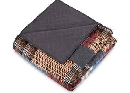 Cabin Patchwork Plaid 100% Cotton 3-Piece Quilt Set, Reversible Lightweight Quilt and Shams, Coverlet Set (King Size, Red/Blue/Beige)