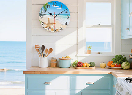 Toudorp 8in Coastal Beach Wall Clock Starfish Seashell Silent Palm Kitchen Home Decor