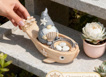FURUBETA Coastal Garden Gnome Statue on Boat with Tealight Holder, Resin Nautical Spring Figurine for Indoor Outdoor Patio Yard Lawn, Cute Home Decor & Housewarming Gift for Women