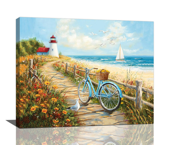 Olivine Coastal Wall Art, Beach Bicycle Pictures Wall Decor, Lighthouse Painting, Ocean Seascape Canvas Prints, Framed Artwork for Living Room Bedroom Bathroom Kitchen Office Home Decoration 20"x16"
