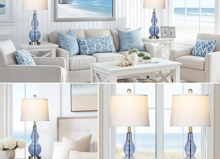 Rinweey 27.5" Coastal Blue Glass Double Gourd Table Lamp Set of 2,3-Way Dimmable Touch Control Bedside Lamps with USB Ports and AC Outlet, Nautical Nightstand Lamps for Bedroom Living Room