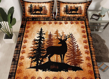 Castle Fairy Deer Bear Plaid Bed Sheet Set Queen Size,Animal Hunting Bear Print Bedding Set for Children Adult,Pine Trees Rustic Retro Grid Sheet Sets with Flat, Fitted Sheet, 2 Pillowcases