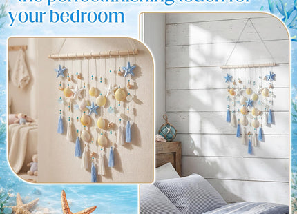 Wenqik Beach Coastal Wall Decor Handmade Ocean Themed 15.75 Inch Boho Wall Art with Starfish Seashells Blue White Beaded Tassel Hanging on Wooden Rod for Farmhouse Bathroom Bedroom Kitchen Dining Room