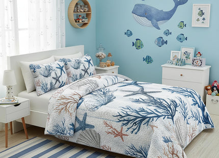 QOOMO Coastal Quilt Set Full/Queen,Starfish Coral Bedspread Coverlet Set