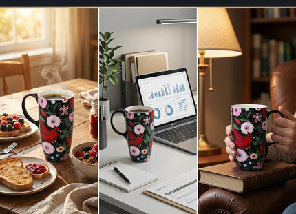 Topadorn 17oz Ceramic Coffee Mug with Lid, Cardinal Bird Floral Design Mug