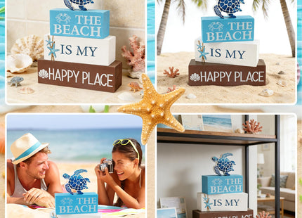 4 Pcs Summer Beach Table Decor Starfish Coastal Wooden Block Sign Sea Turtle Table Centerpieces Summer Tiered Tray Decor Nautical Beach Decorations for Home Kitchen Shelf Mantel Farmhouse