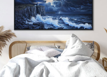 YDYSUNE Large Wall Decor- Ocean Canvas Painting Navy Blue Picture Framed Lighthouse Coastal Wall Art,Huge Waves Seascape Artwork for Living Room,Bedroom,Office Decoration