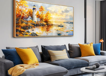 Large Framed Sunset Beach Canvas Wall Art Boat Lighthouse Seascape Painting