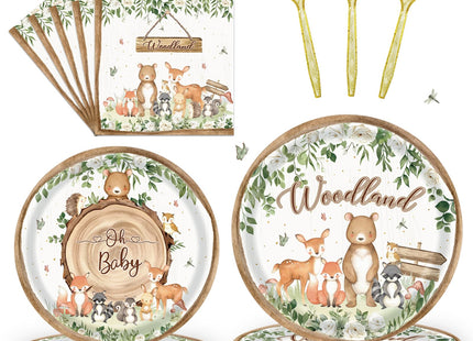 192 Pcs Woodland Baby Shower Tableware Set (Serves 48 Guests), Plates, Napkins, Forks, Forest Animal Theme for 1st Birthday, Woodland Party Decorations