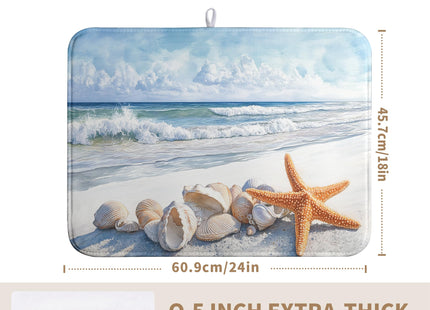 Summer Beach Dish Drying Mat for Kitchen Counter Starfish Coastal Shells Kitchen Dishes Dryer Pad Absorbent Matt Microfiber Washable Foldable Reusable Large 18x24 in