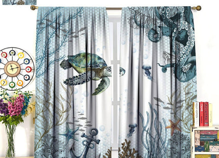 JanJCurt Sea Turtle Curtains, Blue Teal Ocean Octopus Underwater Animal Seashell Jellyfish Coastal Fish Nautical Print Window Curtains for Kitchen Bedroom Living Room, 42x45 Inch (No Blackout)