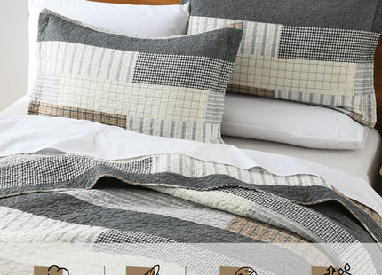 PERHOM Quilt Queen Size - 100% Cotton Farmhouse Rustic Queen Quilt Set, Cabin Bedding Set Bedspreads, Lodge Lightweight Patchwork Plaid Quilted Comforter for Queen Bed, Grey/Brown/Beige