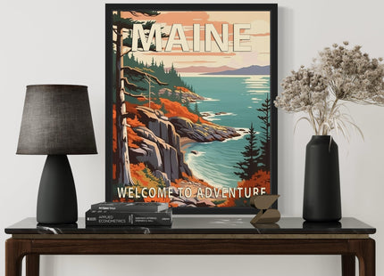 Maine State Scenery Unframed Poster Art Print, Retro States Landscape Wall art Decor, Adventure Mountain and Scenery Painting for Bedroom, Living Room 42 (Maine, 10"L x 8"W, Unframed)