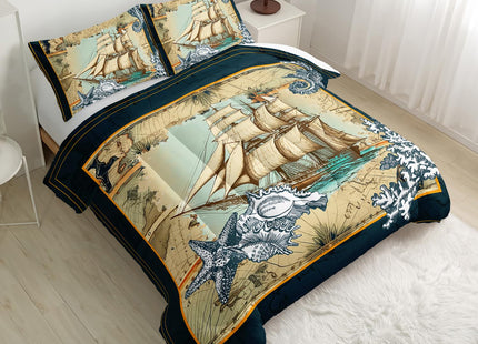 Nttopship Sailboat Bedding Comforter Set for Kids Teens and Adults Nautical Themed Printed Quilt Set for Bedroom 100% Soft Microfiber All Season Print Quilt Set with 1 Comforter and 2 Pillow Case