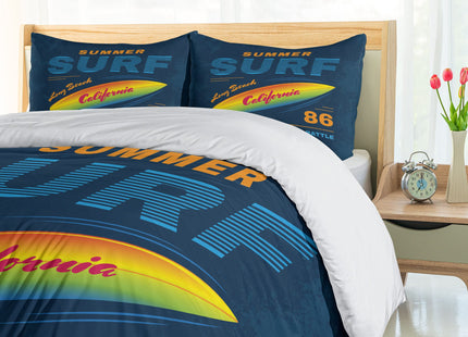Ambesonne Surf Duvet Cover Set, American Boardriders Long Beach Sun Standing in Ocean Waves Illustration, Decorative 2 Piece Bedding Set with 1 Pillow Sham, Twin Size, Marigold Blue