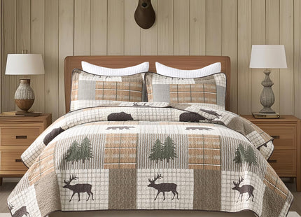 Uniclinens 100% Cotton Quilts King Size - Farmhouse Cabin Lodge Bear Deer Tree King Quilt Set, Soft Patchwork Plaid Bedspread Lightweight Quilted Comforter with 2 Pillow Shams, Green/Brown/Cream
