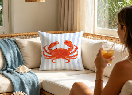 Exqcom Coastal Red Crab Pillow Covers 18x18, Blue and White Striped Coastal Nautical Crab Throw Pillow Covers for Bedroom Beach House Home, Preppy Beach Room Decor