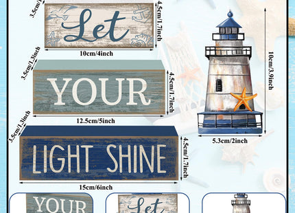Lineshading 4 Pcs Beach Coastal Table Decor Wooden Lighthouse Decoration with Starfish Summer Tiered Tray Decor Blue and White Ocean Centerpieces Rustic Beach House Nautical Decorations for Home Shelf