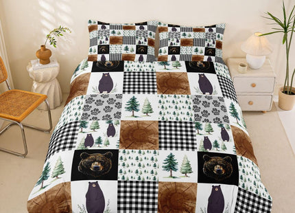 Kids Rustic Black Bear Duvet Cover Twin Woodland Animal Bedding Set For Boys Teen Men,Patchwork Black White Grey Buffalo Plaid Comforter Cover Farmhouse Wooden Pine Tree Bear Paw Bed Set 2 Pcs