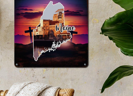 Woguangis Metal Sign Maine States Map Scenery America USA State Landscapes Plaque Maine Porch Decor Aluminum Metal Signs Retro Wall Tin Plaque for Home Living Room Bedroom Front Porch 10x10in