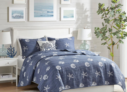 Harbor House Seaside Reversible Cotton Quilt Set Coastal Clam, Starfish, Coral Embroidery, All Season, Pre-Washed Coverlet Bedding Layer, Decorative Pillow, Full/Queen(90"x90") Navy 4 Piece
