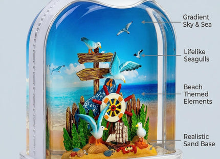 Nautical Theme Snow Globe Lantern with Music - USB or Battery Powered Light Up Water Lantern with Seagull - Swirling Glitter Water Globe for Summer Costal Ocean Decor - Gift for Ocean Lover (Seagull)