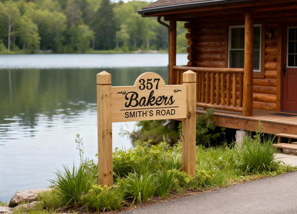 Personalized Outdoor Wood Decor Custom Family Name Wood Cabin Sign with Posts Engraved Wooden Address Sign Outdoor Camping Signs Housewarming Gift