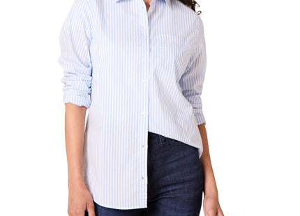 Amazon Essentials Women's Regular-Fit Long-Sleeve Button-Down Cotton Poplin Shirt, Business Casual, French Blue White Stripe, Large