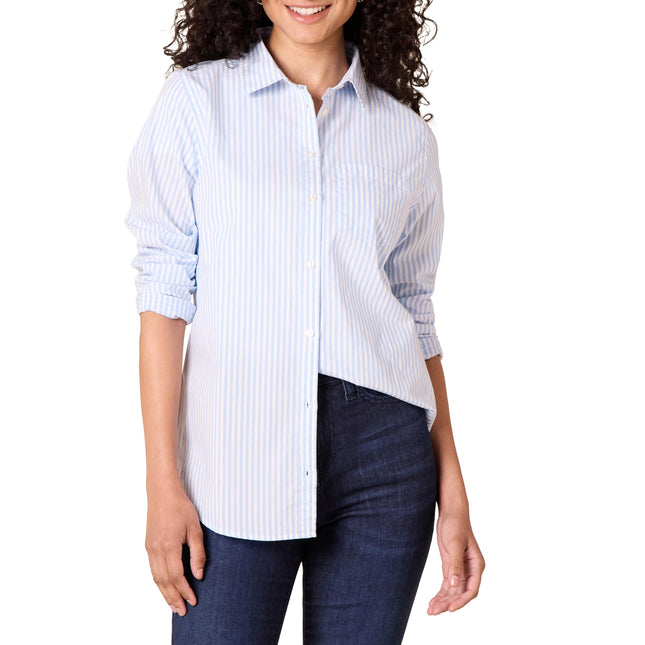 Amazon Essentials Women's Regular-Fit Long-Sleeve Button-Down Cotton Poplin Shirt, Business Casual, French Blue White Stripe, Large