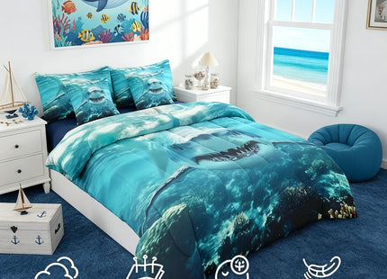 Erosebridal Shark Comforter Set Twin 3D Shark 7 Piece Bedding Set for Kids,Marine Ocean Animal Bedding Sets Shark Fish Reversible Room Decor Underwater Ocean World Quilt with Flat Fitted Sheet