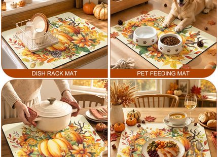LOKHOM 12"x20" Fall Dish Drying Mat，Pumpkin Maple Leaves Floral