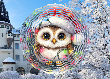Christmas Owl Wind Spinner,3D Owl Spinner for Yard and Garden 3D Steel Wind Spinners Outdoor Hanging Decorations10 inch 3D Xmas Cute Owl Swirl