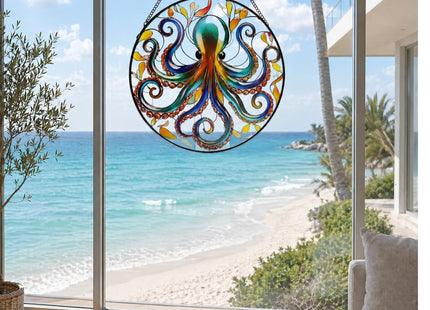 ZUSANG Octopus Stained Glass Window Hanging, 9.8’’ Sun Catcher Glass Panel Ocean Theme Wall Art Decor with Chain, Birthday Gift for Sons, Daughters, Grandson