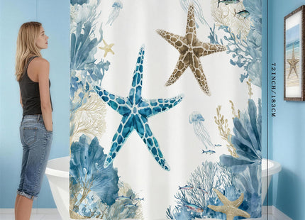 Blue Beach Shower Curtain for Bathroom, Ocean Coastal Theme, 72x72 In
