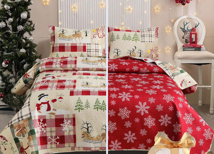 CHESITY Christmas Quilts Set Queen Size Reversible Xmas Bedding Rustic Lodge Quilt Plaid Bedspread Breathable Snowmen Reindeer Coverlet Soft Lightweight Christmas Bedding Decor(90"x90")