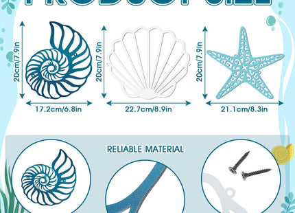 Pelopy 3 Pcs Coastal Metal Outdoor Wall Art Seashells Conches Starfish Wall Decor Ocean Nautical Theme Sign for Summer Beach Pool Yard Garden Lake House Home Bathroom Bedroom Decoration