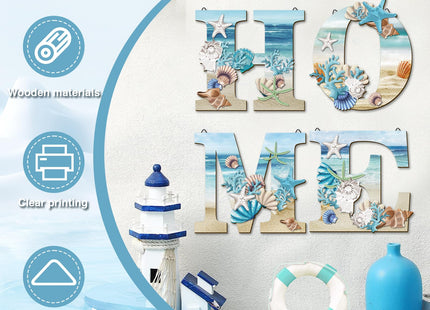 4 Pcs Wood Home Signs - Coastal Beach Style Signs With Blue Starfish and Shell Wall Decor for Home, Living Room, Kitchen, Bedroom