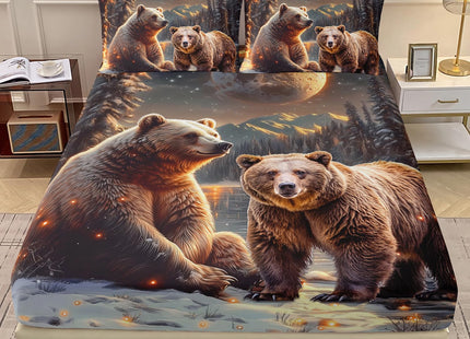 AILONEN Boys Rustic Bear Bedding Set Queen Size,Starry Brown Bear Fitted Sheet with 2 Pillowcases,3 Pieces Snow Animal Soft Sheet Set