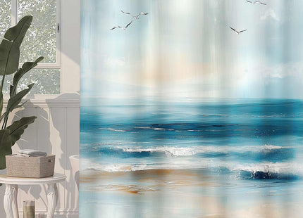 BSRAMZ Abstract Beach Shower Curtains for Bathroom, Coastal Teal Oil Painting Ocean Shower Curtain, Sea Wave Seagull Nautical Coastal Summer Bathroom Bathtubs Decor Curtains with Hooks,72X72