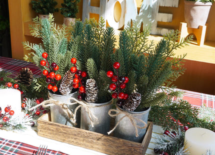 Winlyn Christmas Farmhouse Centerpiece Rustic Wood Tray 3 Galvanized Pots with Artificial Pine Cedar Red Berry Snowy Pinecone Christmas Arrangement Table Decoration for Holiday Home Kitchen Mantel