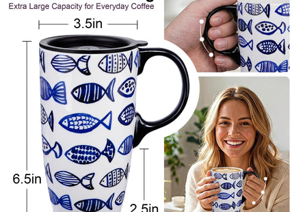Topadorn 17oz Coastal Ceramic Travel Mug with Handle, Fish Folk Art