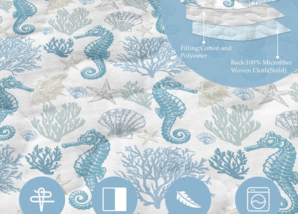 Nautical Queen Quilt Set, Coastal Seahorse Bedding, 3 Piece, 90"x96"