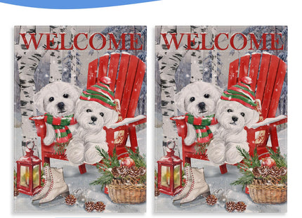 Covido Home Decorative Welcome Winter Bichon Frise Dogs Red Chair Garden Flag, Puppy Pinecone House Yard Ice Skates White Birch Trees Outside Decoration, Christmas Lantern Outdoor Small Decor 12 x 18