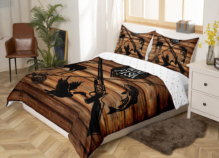 Castle Fairy Rustic Farmhouse Duvet Cover Queen Size,Animal Hunting Brown Wooden Barn Board Bedding Set for Men Adult, Deer Mallard Fish Lodge Decor Comforter Cover with 2 Pillowcases (No Comforter)