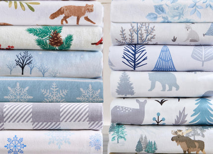 Market & Place 100% Cotton Queen Flannel Sheet Set | 4 Piece Deep Pocket Novelty Cozy Winter Bed Sheets | Double Brushed for Extra Softness & Comfort | Alpine Collection (Queen, Woodland Forest)