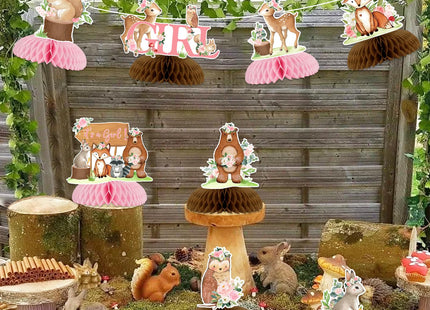 8 Pieces Woodland Animals Baby Shower Honeycomb Centerpieces for Girls, Pink Floral Woodland Table Decorations, Forest Animal Theme Party Supplies