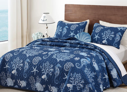 Djoymock Coastal Quilt Set Queen Size 3 Piece, Summer Beach Blue Theme Quilts with Pillowcases Microfiber Ocean Bedding Set Nautical Bedspreads Coverlet Lightweight Comforter for All Season