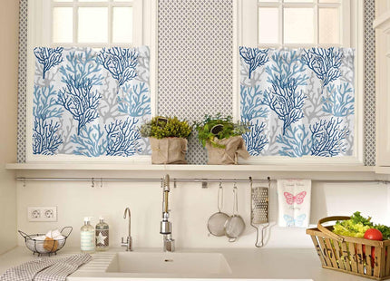 Wowouhiya Navy Blue Coral Coastal Kitchen Curtains Set Small Half Curtains 24 Inches Length, Summer Beach Seaside Nautical Rod Pocket Window Treatment Bedroom Tiers and Valance Set for Cafe Bathroom