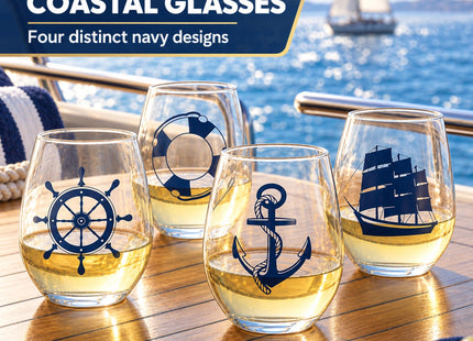 15oz Printed Nautical Stemless Wine Glasses, Set of 4, Anchor & Compass